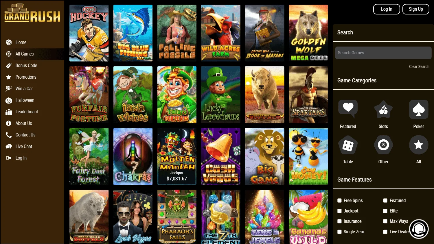 Grand Rush Casino desktop game selection