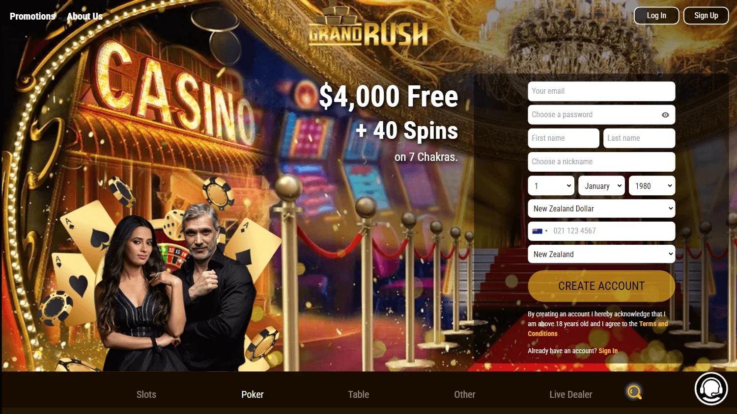 Grand Rush Casino desktop home for Australian players