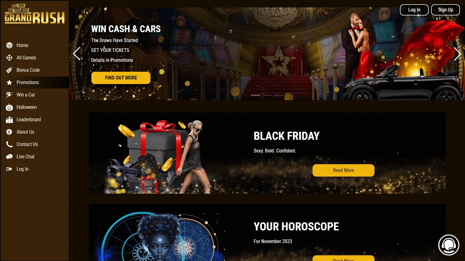 Grand Rush Casino desktop promotions area